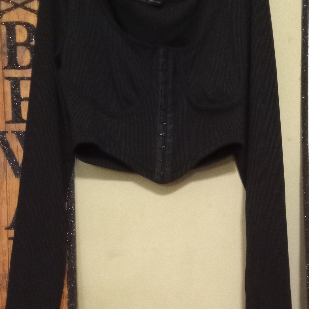 5/$12 Shein Ribbed Corset Hooks Up Front Black Long Sleeve Women's Top